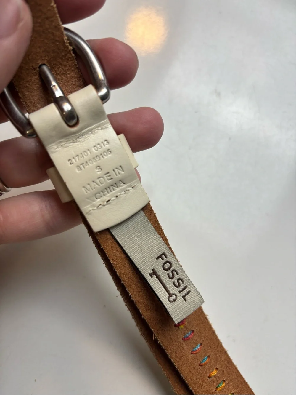 Fossil leather rainbow cross stitch belt sz S‎